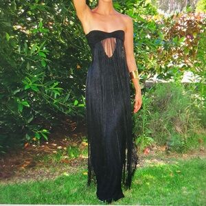 Strapless Black Fringe Maxi Dress